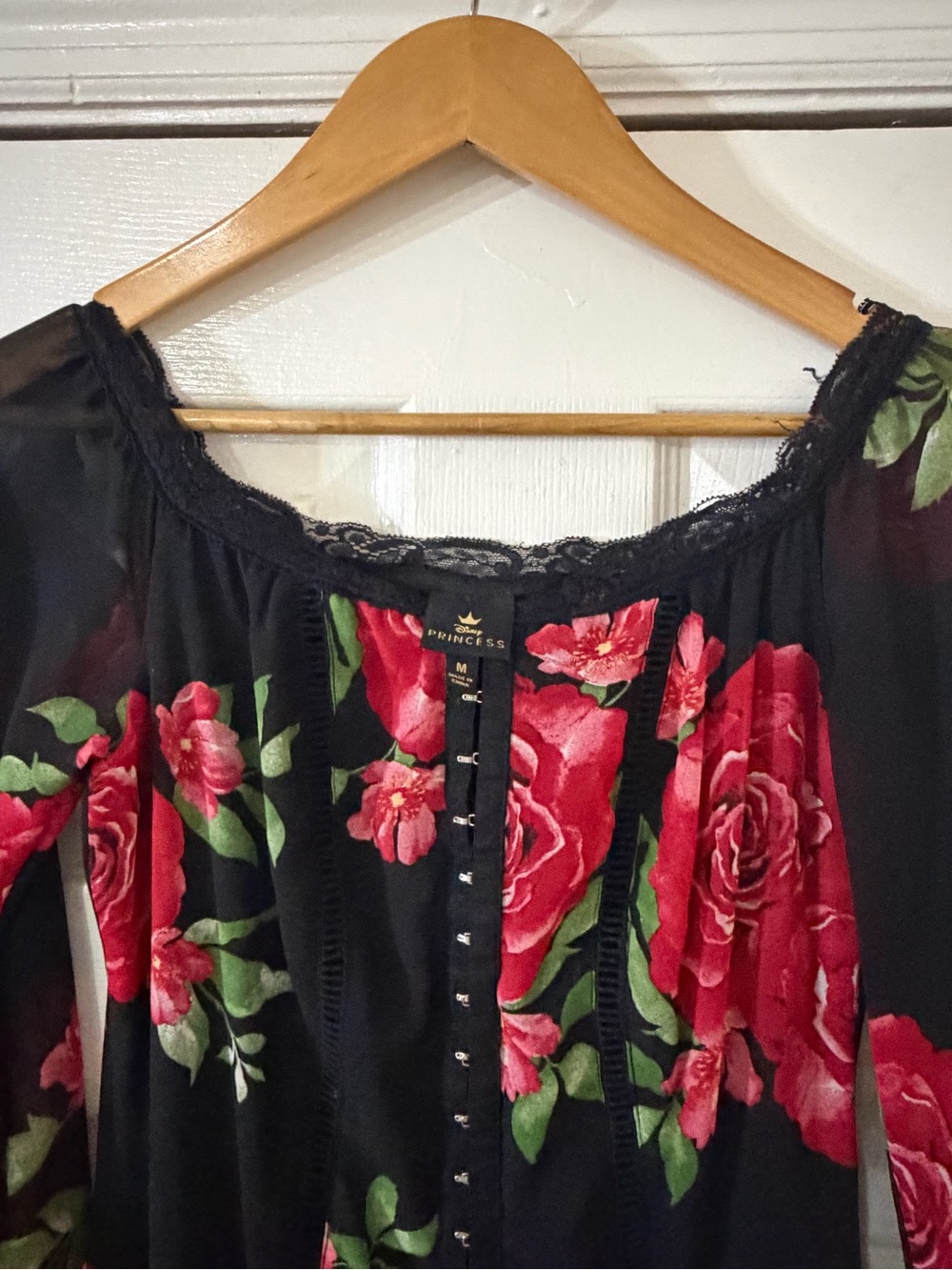 Prince Black Floral Hook-Front Peasant Blouse with Pink Rose Print